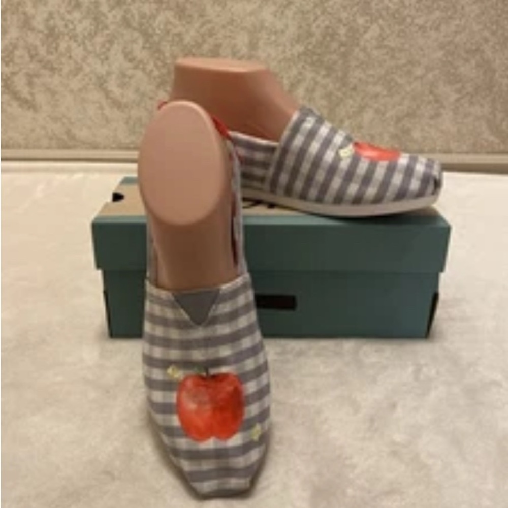 Toms Gray Gingham Flats with Red Apple Design